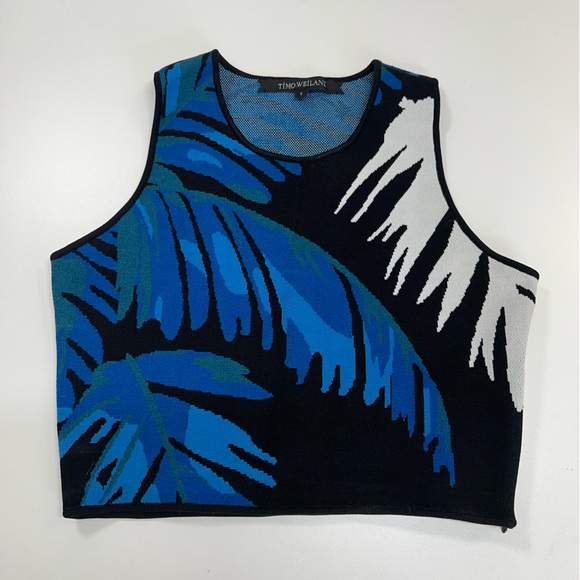 Timo Weiland Crop Top Palm Print Blue and Black Size Small - Picture 1 of 11